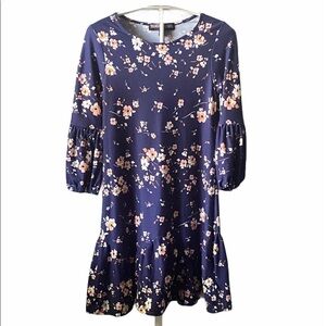 THREE PINK HEARTS-navy blue floral dress, long sleeves, ruffle hem
